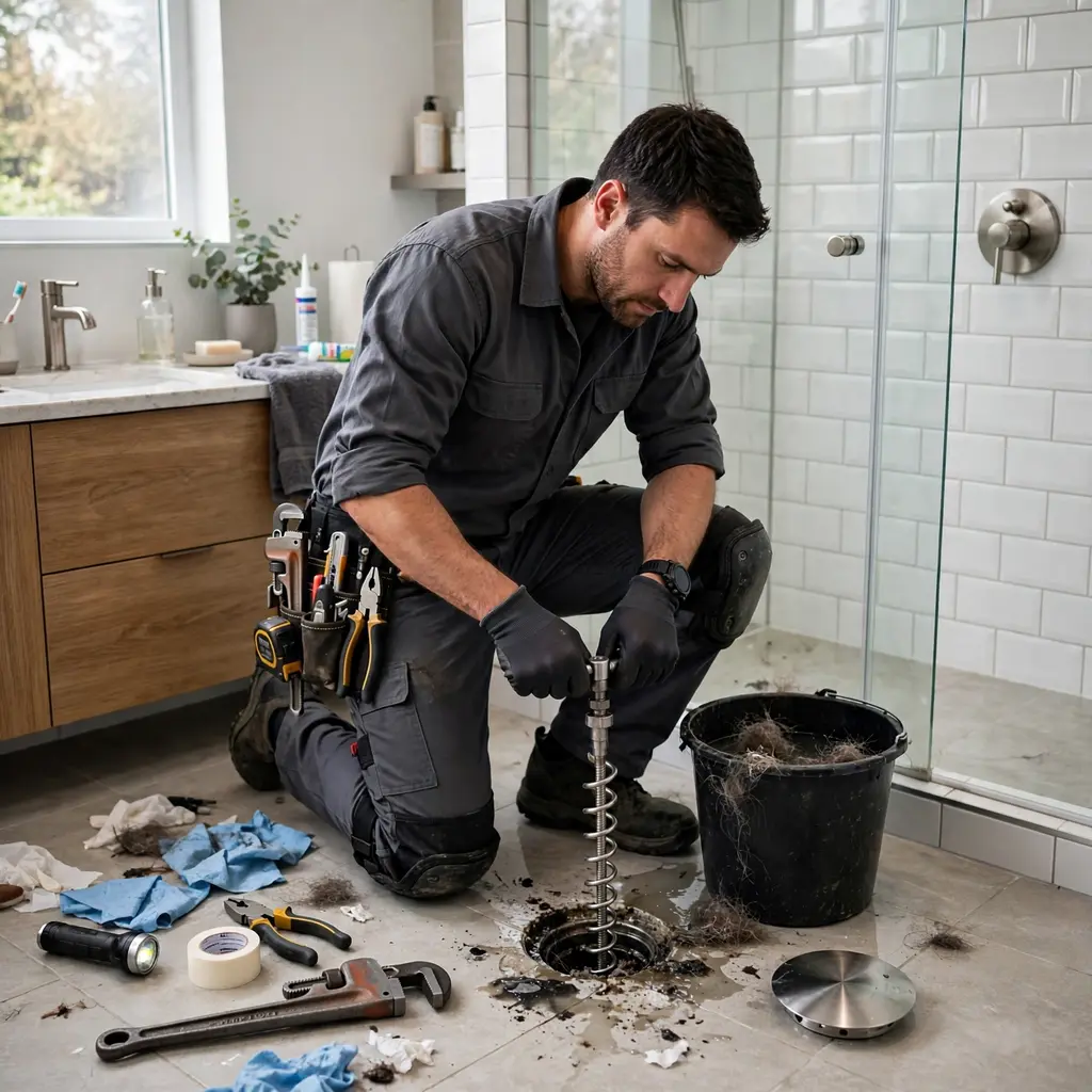 Plumber Clearing Clogged Shower Drain