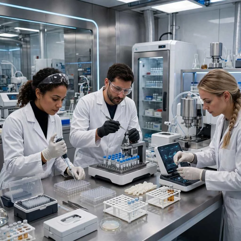 Scientists Preparing Peptide Samples For Laboratory Research