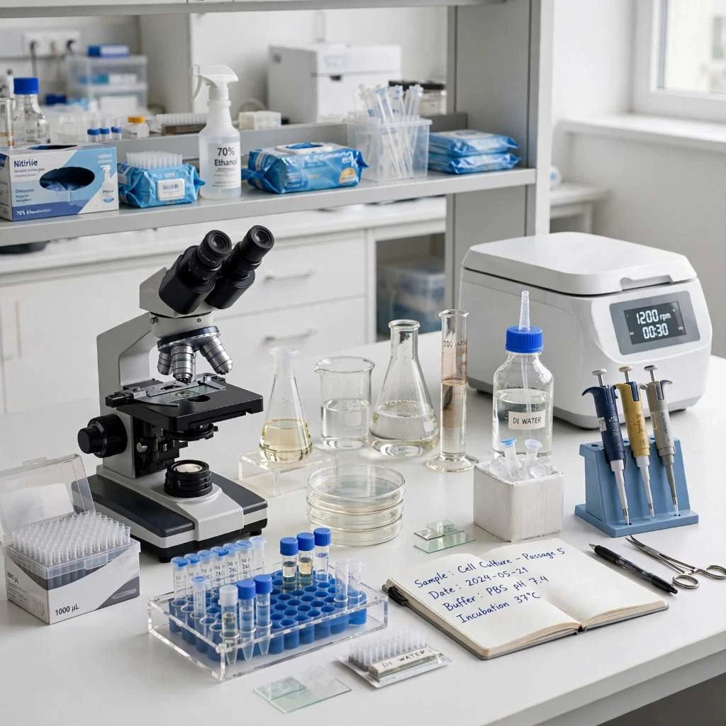 Laboratory Setup With Microscope And Cultures