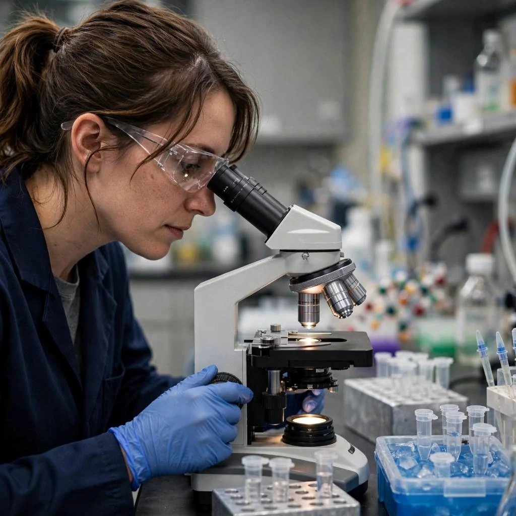 Scientist Analyzing Research Samples Under Advanced Microscope