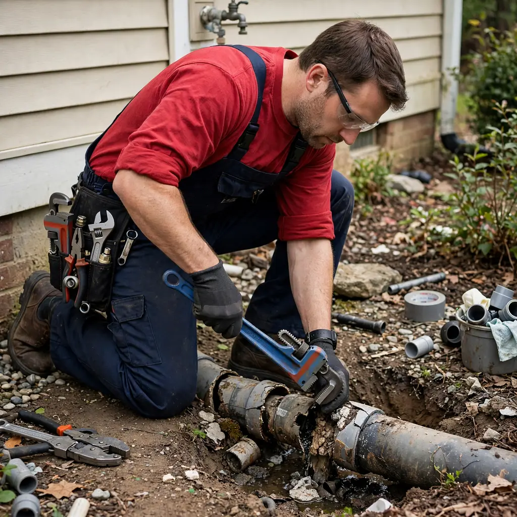 Technician Repairing Damaged Sewer Line