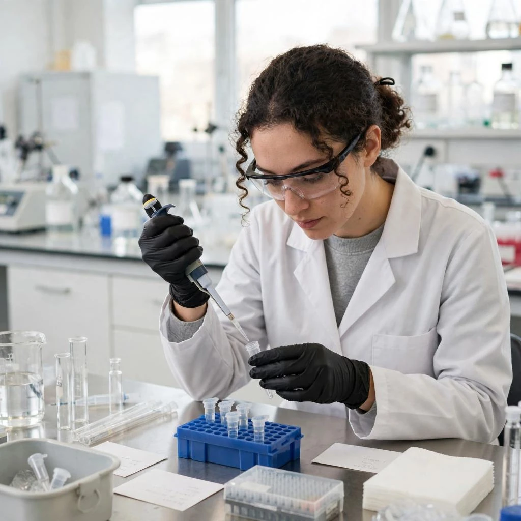 Scientist Pipetting Sample In Laboratory
